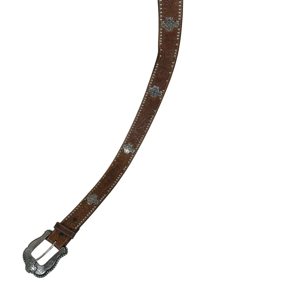 Mens Brown Tooled Leather Western Belt Silver Cross‎ Conchos Studded Size 38